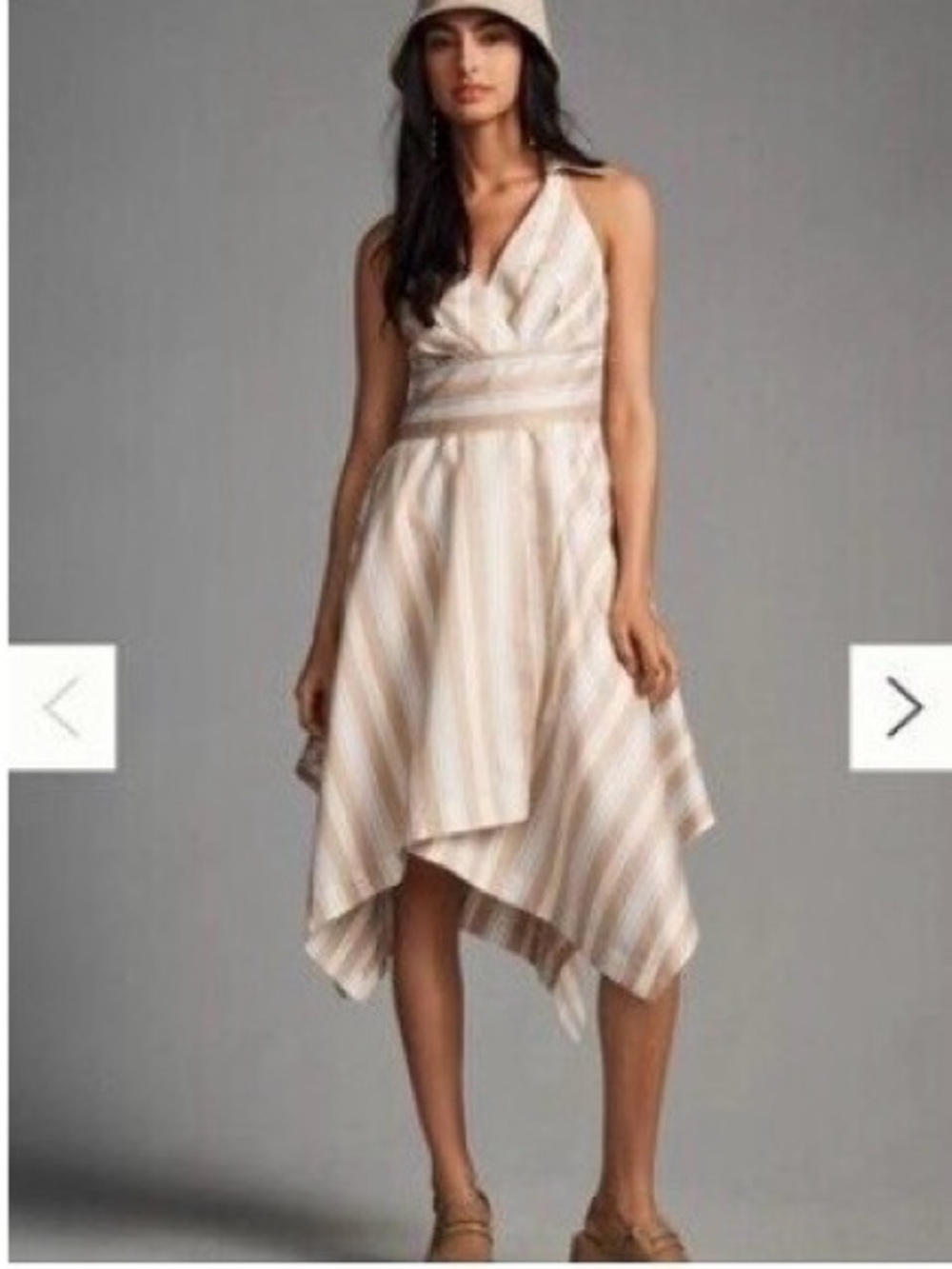 Maeve Striped Halter Handkerchief Hem Dress in Cream and Tan